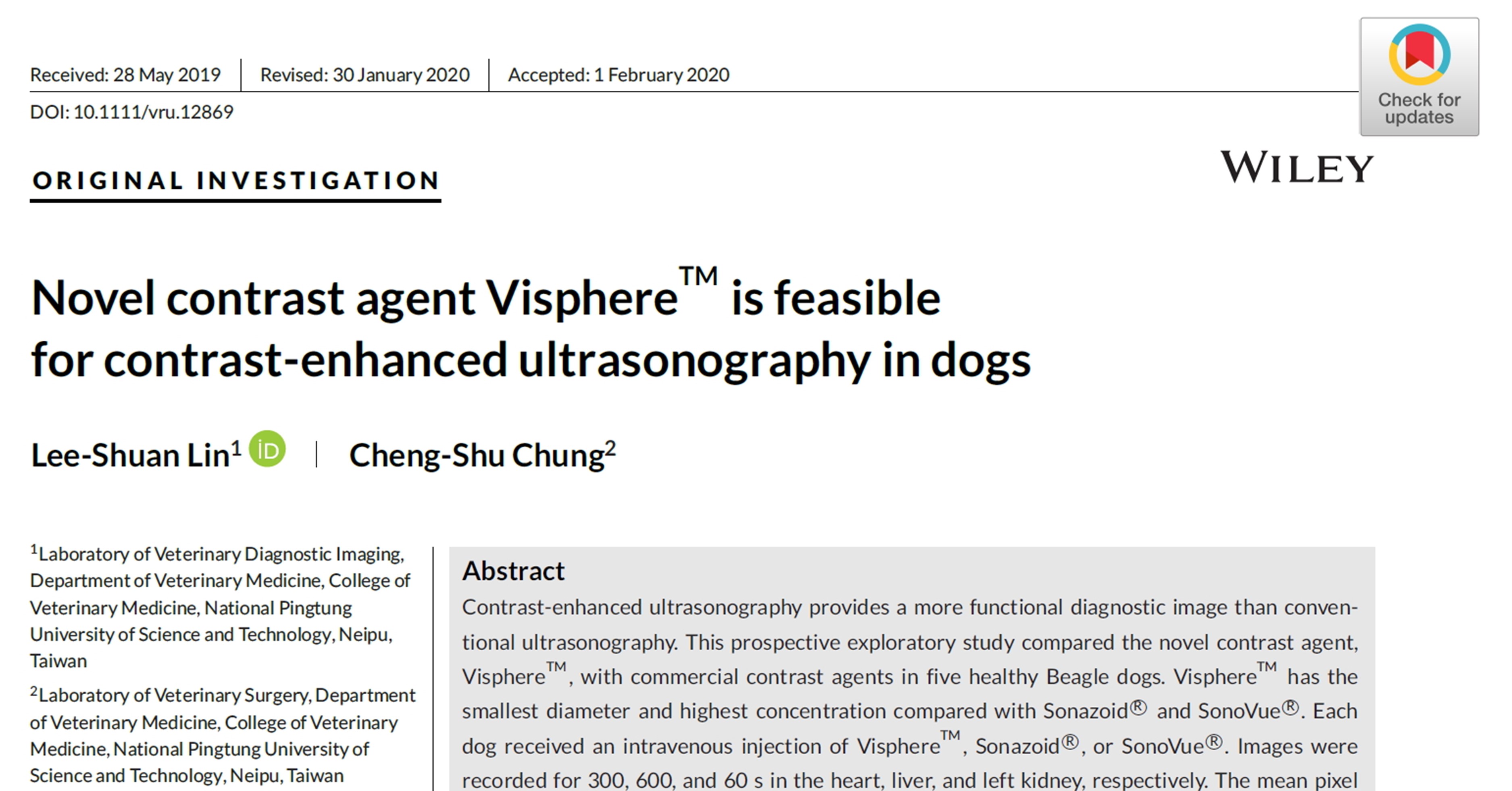 快訊 林莉萱博士團隊 確認新顯影劑visphere 用於犬超音波之可行性研究 獲veterinary Radiology Ultrasound 刊登 醫學論文與寫作工作坊 新思惟國際